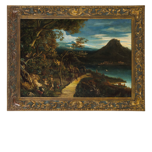 PITTORE DEL XIX SECOLO Paesaggio lacustre<br>Olio su tela, cm 78X109
