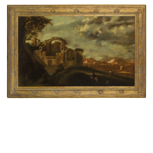 BARTOLOMEO PEDON (cerchia di) (Venezia, 1665 - 1733)<br>Paesaggio con figure <br>Olio su tela, cm 84