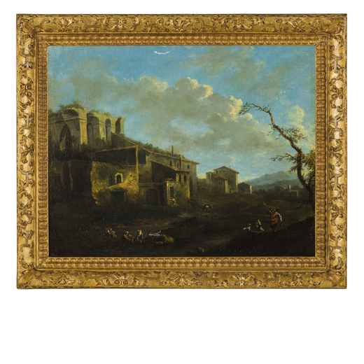 JACOB DE HEUSCH  (Utrecht, 1656 - Amsterdam, 1701)<br>Paesaggio con case, rovine romane e figure<br>