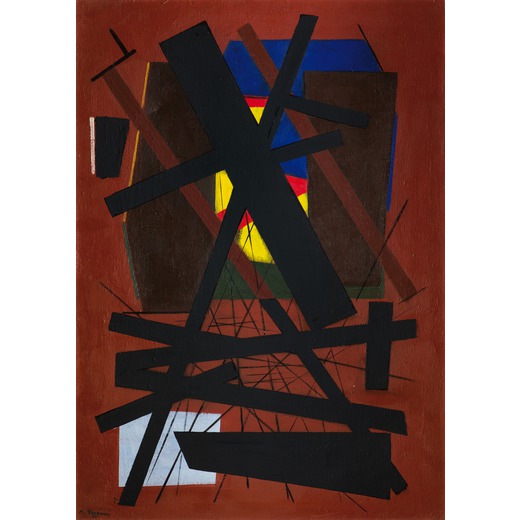 MAURO REGGIANI  (Nonantola 1897 - Milano 1980)<br>Composizione N° 3, 1954<br>Olio su tela, cm 94 x 