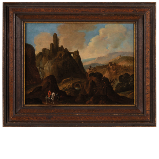PITTORE DEL XVIII SECOLO Paesaggio montuoso con cavaliere<br>Olio su tavola, cm 25X34