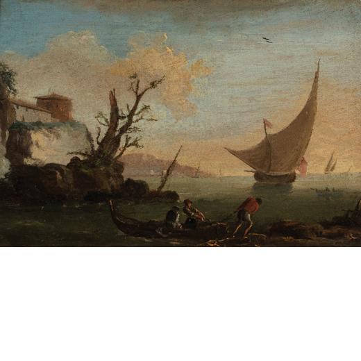 FRANCESCO FIDANZA (attr. a) (Roma, 1747 - Milano, 1819)<br>Veduta costiera con pescatori<br>Olio su 