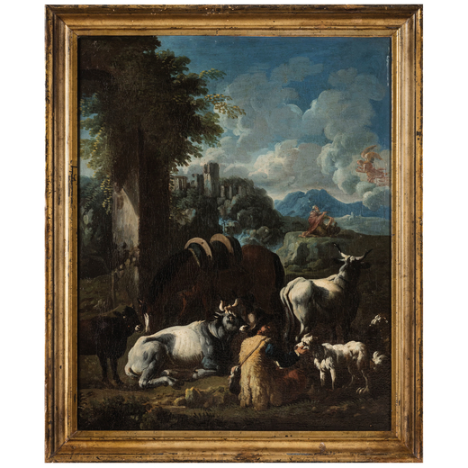 CAJETAN ROOS (Roma, 1690 - Vienna, 1770)<br>Veduta di Tivoli con pastore, armenti e Mosè <br>Olio s