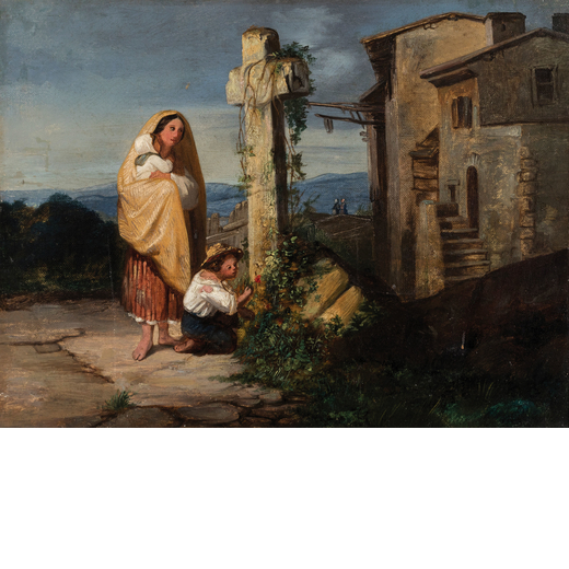 SCUOLA ROMANA DEL XIX SECOLO Figure in paesaggio <br>Olio su tela, cm 26X34