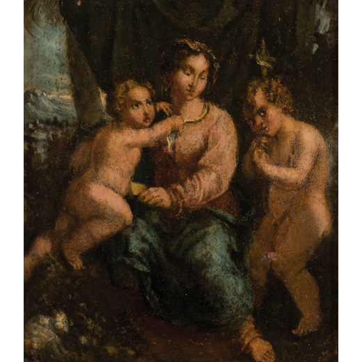 PITTORE DEL XVII-XVIII SECOLO Madonna col Bambino e San Giovannino<br>Olio su rame, cm 15X12,5