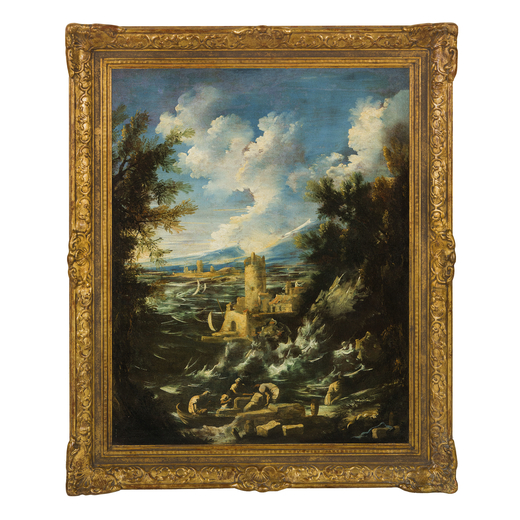 ANTONIO FRANCESCO PERUZZINI (Ancona, 1643/1646 - Milano, 1724)<br>Marina <br>Olio su tela, cm 90X70