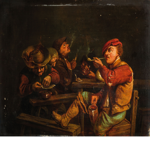 DAVID TENIER (maniera di) (Anversa, 1610 - Bruxelles, 1690) <br>Scena di osteria<br>Olio su tavola, 