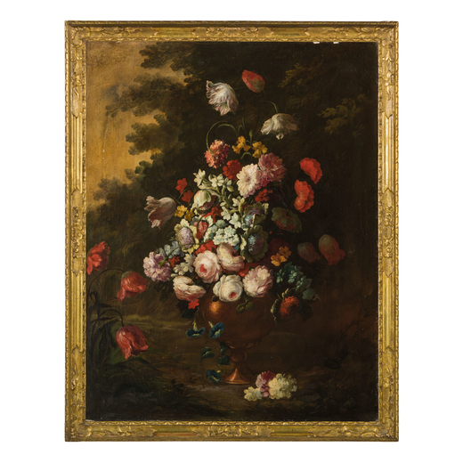PITTORE DEL XIX - XX SECOLO <br>Vaso fiorito<br>Olio su tela, cm 89X70