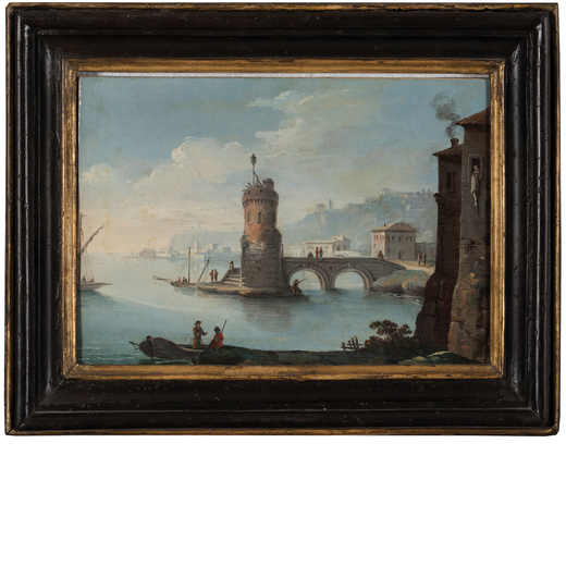 ANTONIO CIOCI  (Firenze, 1722 - 1792)<br>Paesaggio marino con torre e figure<br>Olio su tela, cm 27X