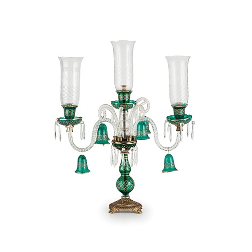 CANDELABRO IN VETRO, XIX SECOLO a tre luci su bracci mossi, fusto tornito e campane in vetro colorat