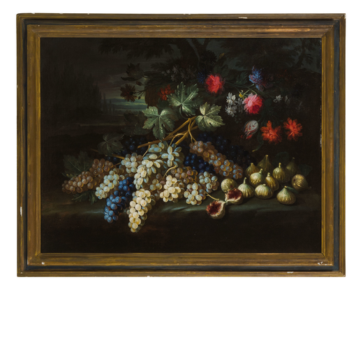 LUDOVICO CAFFI  (Cremona, circa 1641 - Milano, 1695) <br>Natura morta con uva e fiori<br>Olio su tel
