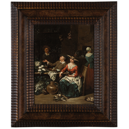 JAN BAPTIST LAMBRECHTS (Anversa, 1680 - dopo il 1731) <br>Scena di osteria<br>Olio su tavola, cm 23X