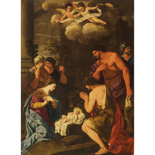 PIETRO LUCATELLI (attr. a) (Roma, 1634 o 1637 circa - 1710)<br>Adorazione dei Magi<br>Olio su tela, 