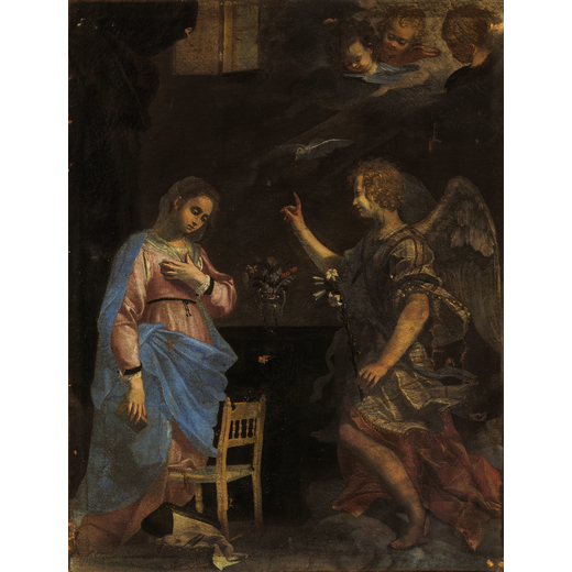 PITTORE ATTIVO NEL XVI-XVII SECOLO Annunciazione <br>Olio su tela, cm 106,5X87