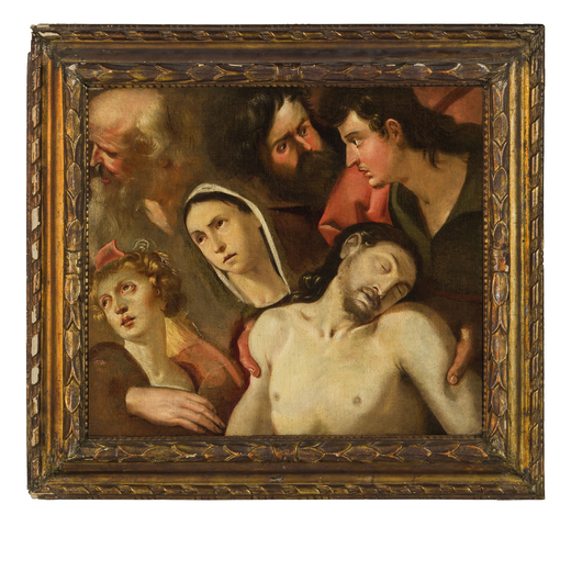 PITTORE FIAMMINGO DEL XVI-XVII SECOLO Compianto su Cristo morto<br>Olio su tela, cm 60X69