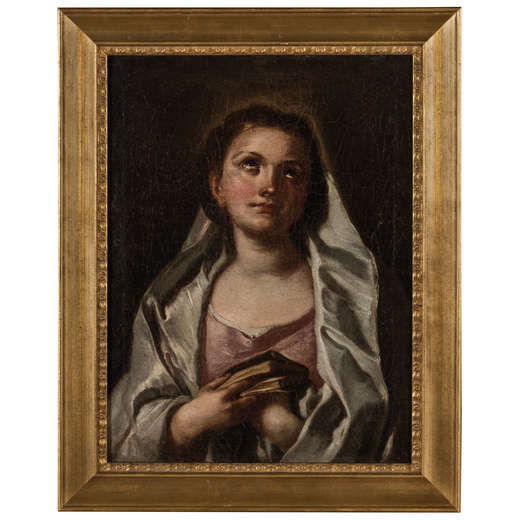 LORENZO DE CARO (attr. a) (Napoli, 1719 - 1777) <br>Madonna con il libro<br>Olio su tela, cm 47,5X35