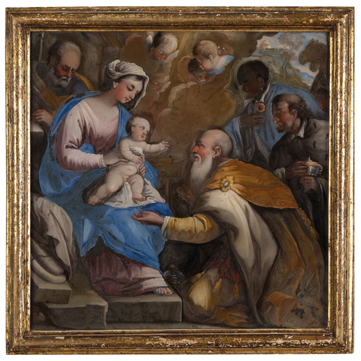 LUCA GIORDANO (attr. a) (Napoli, 1632 - 1705)<br>Adorazione dei Magi<br>Olio su vetro, cm 33X33