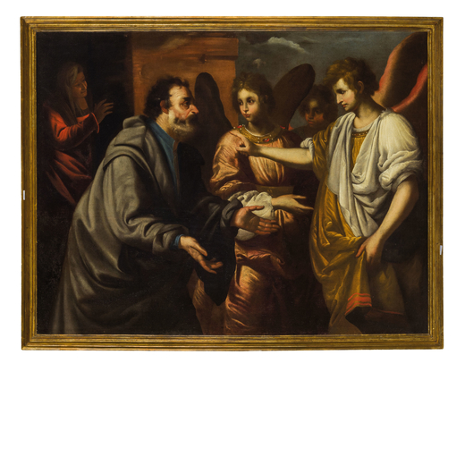 PITTORE FIORENTINO DEL XVII SECOLO Abramo e i tre angeli<br>Olio su tela, cm 122X158