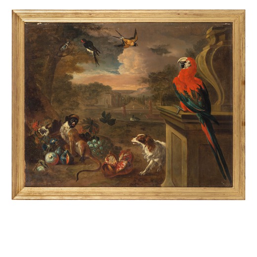 PITTORE DEL XVII-XVIII SECOLO Paesaggio con animali<br>Olio su tela, cm 92X115