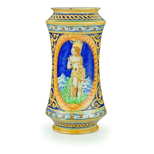 ALBARELLO IN MAIOLICA POLICROMA, FAENZA, TERZO QUARTO DEL XVI SECOLO decorato con figura di San Seba