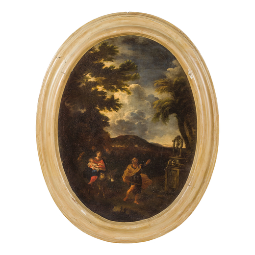 CARLO ANTONIO TAVELLA (Milano, 1668 - Genova, 1738) <br>Paesaggio con la fuga in Egitto <br>Olio su 