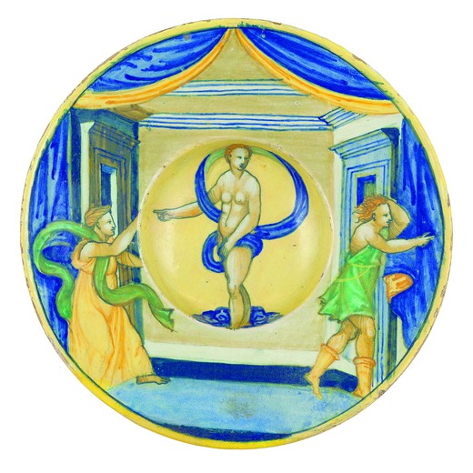 PIATTO IN MAIOLICA POLICROMA, URBINO, CIRCA 1535 decorato con Giuseppe e la moglie di Putifarre- rid