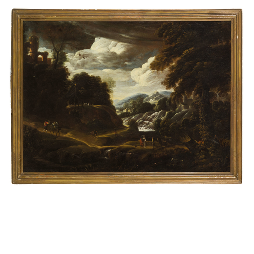 JAN GREVENBROECK detto IL SOLFAROLO (attr. a) (attivo tra il 1667/1695)<br>Paesaggio<br>Olio su tela
