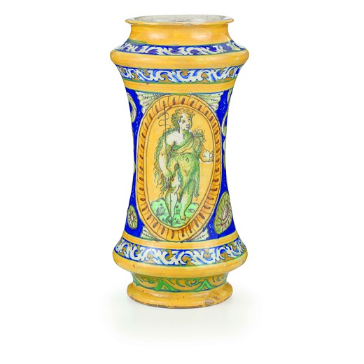 ALBARELLO IN MAIOLICA POLICROMA, FAENZA,TERZO QUARTO DEL XVI SECOLO decorato con San Giovanni Battis