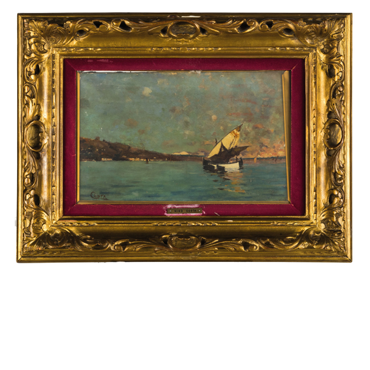 NINO COSTA (1826 - 1903)(attr.a)<br>Marina con barca<br>Firmato Costa in basso a sinistra<br>Olio su