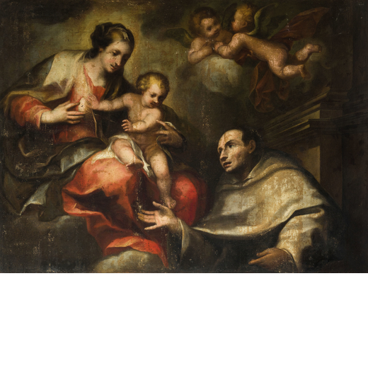 PITTORE DEL XVII-XVIII SECOLO Madonna col Bambino, angeli e Santo<br>Olio su tela, cm 128X172
