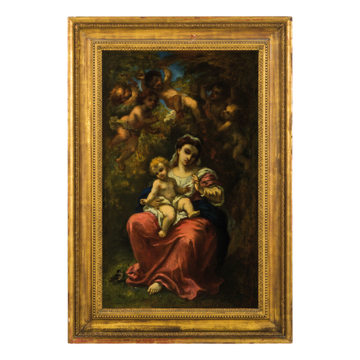 SCUOLA DEL XIX SECOLO Madonna col Bambino e angeli<br>Olio su tela, cm 100X60
