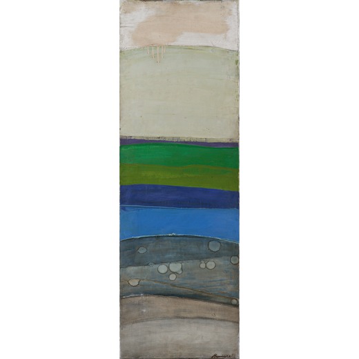 MARIO PUCCIARELLI (Buenos Aires 1928)<br>Orizzonte, 1963<br>Olio su tela, cm 110,5 x 35<br>Firmato i