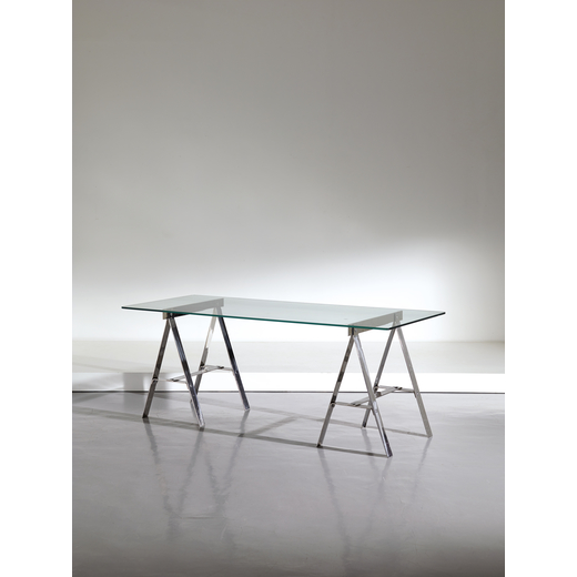 VITTORIO INTRIOINI (ATTRIB. A)    Tavolo - scrivania. Acciaio cromato, cristallo molato. Produzione 