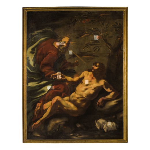 PITTORE DEL XVII SECOLO Creazione di Adamo<br>Olio su tela, cm 210X160