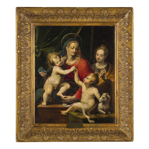 PITTORE FERRARESE DEL XVI-XVII SECOLO Sacra Famiglia con San Giovannino<br>Olio su tela, cm 46X57
