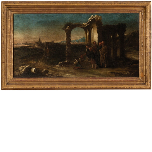 ANTONIO TRAVI (attr. a) (Genova, 1609 - 1665) <br>Paesaggio con rovine e la guarigione del cieco na