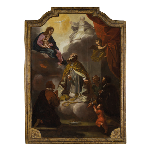 PITTORE LOMBARDO-VENETO DEL XVII-XVIII SECOLO Madonna con il Bambino, Santo Vescovo e donatori<br>Ol