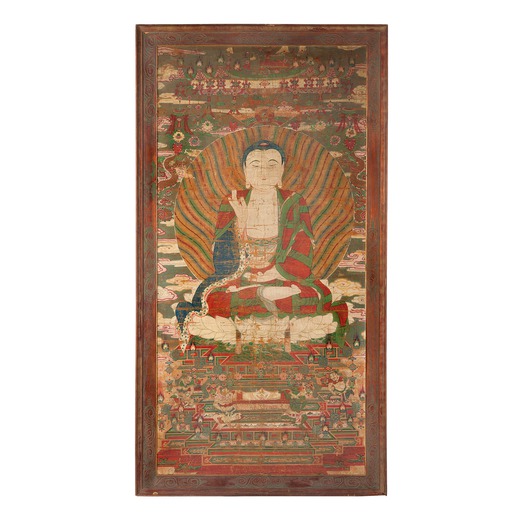 GRANDE THANGKA DIPINTO CON IL BUDDHA SHAKYAMUNI, CINA, XVII-XVIII SECOLO A LARGE THANGKA PORTRAYING 
