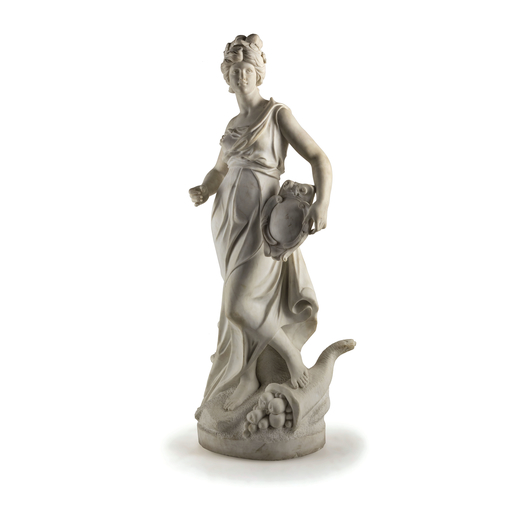 SCULTURA IN MARMO BIANCO, XIX SECOLO raffigurante figura femminile allegorica dellAbbondanza su base