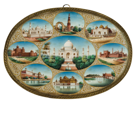 MINIATURA SU AVORIO, XIX-XX SECOLO ovale, con raffigurate vedute e palazzi tra i quali il Taj Mahal 
