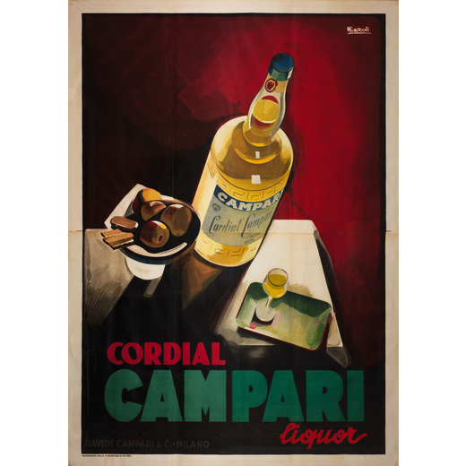MARCELLO NIZZOLI Boretto 1887 - Camogli 1969<br>Cordial Campari Liquor<br>Litografia a colori su car