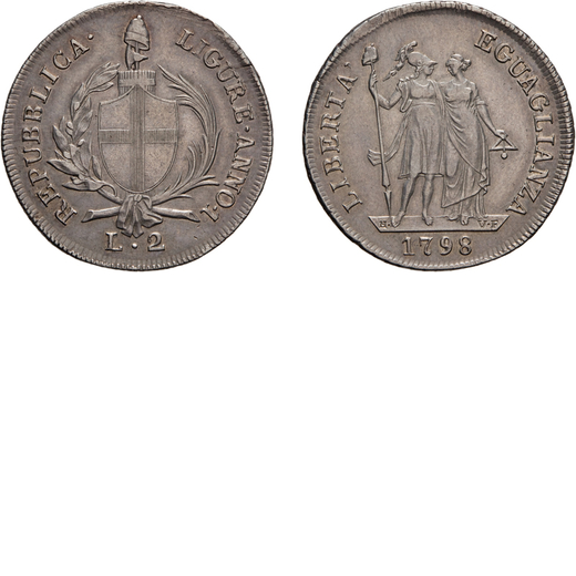ZECCHE ITALIANE. REPUBBLICA LIGURE (1798-1805).  2 LIRE 1798<br>Argento, 8,28 gr, 29 mm. Rara. qSPL<