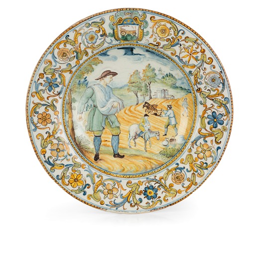 PIATTO IN MAIOLICA POLICROMA, FORNACE CASTELLANA, XVIII-XIX SECOLO decorato con scena contadina, for