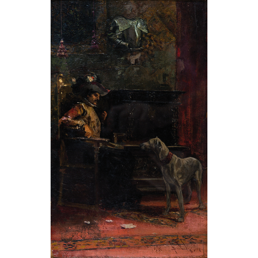 SANCHEZ SALVATORE BARBUDO Xeres de la Frontera, 1858 ; Roma, 1917<br>Interno con figura e cane<br>Fi