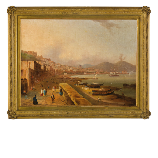 PITTORE DEL XIX SECOLO <br>Veduta di Napoli con il Vesuvio sullo sfondo<br>Olio su tela, cm 31X41