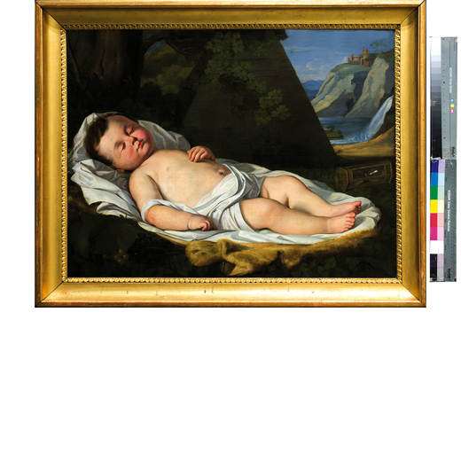 PITTORE DEL XIX SECOLO Bambino addormentato (Il sogno di Napoleone?)<br>Olio su tela, cm 92,5X72,5