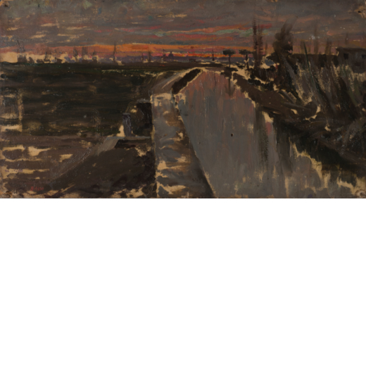 GIACOMO BALLA Torino 1871 - Roma 1958<br>Vasca a Villa Borghese al tramonto, 1926<br>Olio su tavolet