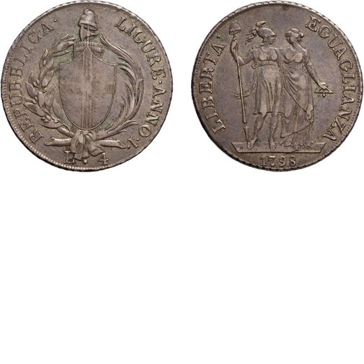 ZECCHE ITALIANE. REPUBBLICA LIGURE (1798-1805).  4 LIRE 1798<br>Argento,  16,53 gr, 33 mm. Rara. qSP