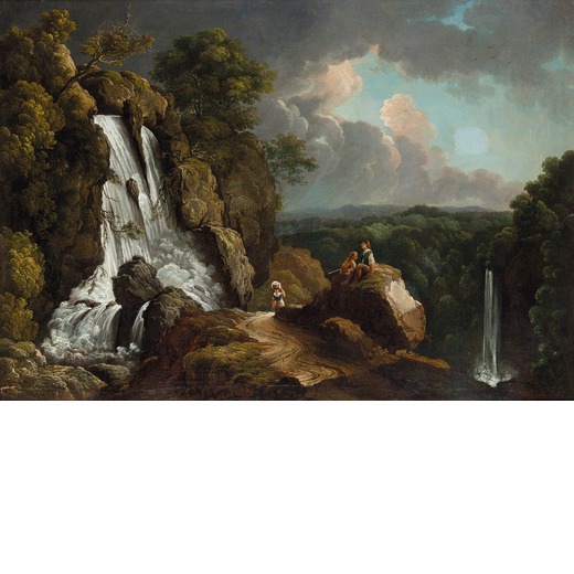 PITTORE FRANCESE DEL XVIII-XIX SECOLO Paesaggio con cascata e viandanti<br>Olio su tela, cm 98X139