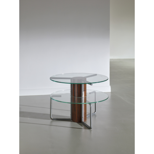MANIFATTURA ITALIANA Tavolino. Legno di zebrano, tubolare metallico nichelato, cristallo molato. Ita